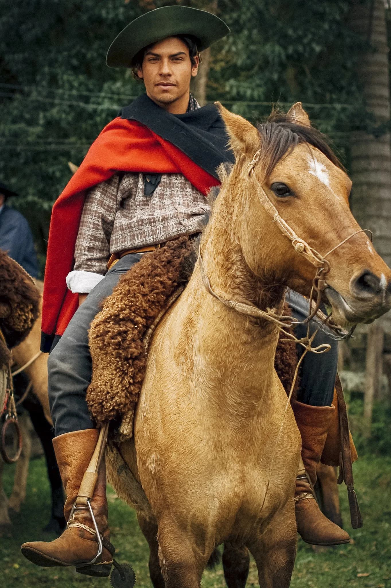 Horseman in a wool poncho on a buckskin horse