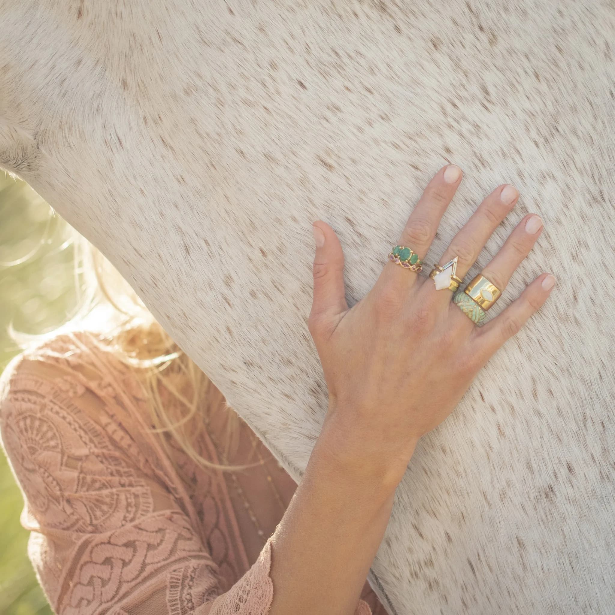 Stacked gold rings against a horse's coat