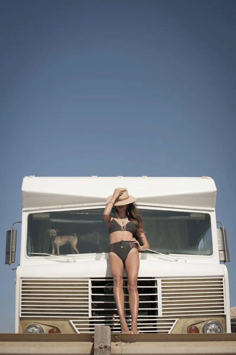Swimwear with a vintage motorhome